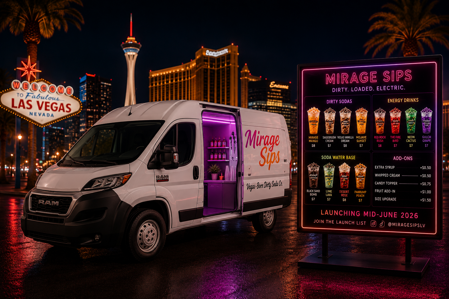 Mirage Sips mobile drink van serving dirty sodas on the Las Vegas Strip at night with American flag
